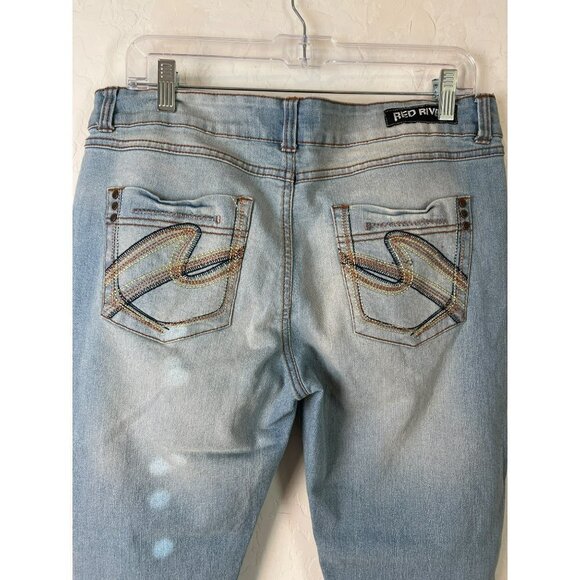 Women Red Rivet Crop Roll Hem Sz 15 Junior Light Wash Jeans - Picture 5 of 7